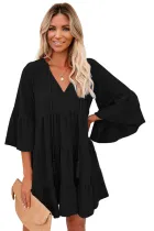 Black Cotton Tiered Babydoll Tunic Dress