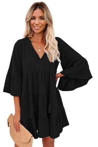Black Cotton Tiered Babydoll Tunic Dress