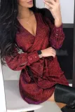 Red Wrap Metallic Dress with Belt