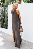 Olive Crochet Detail Linen Sleeveless Maxi Dress with Slits