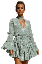 Green Hollow Out Neck Ruffled Layered Tiered Floral Print Mini Dress