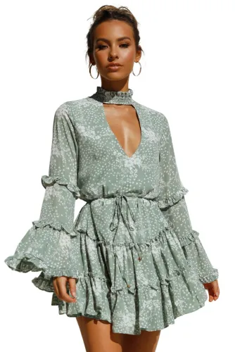Green Hollow Out Neck Ruffled Layered Tiered Floral Print Mini Dress