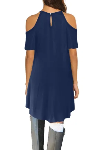Blue Lace Hollow-out Cold Shoulder Casual Dress