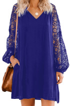 Blue Lace Long Sleeves Shift Above Knee Dress