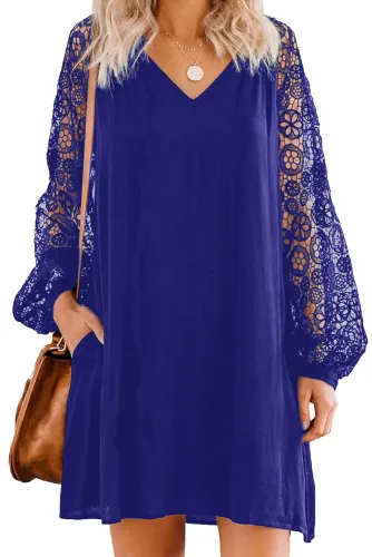 Blue Lace Long Sleeves Shift Above Knee Dress