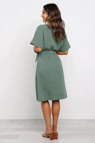 Sage Green Casual Kimono Style Midi Dress