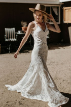 Graceful V Neck Lace Wedding Bridal Party Gown