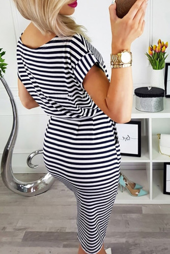Black Stripes Pocketed T-shirt Dress with Belt
