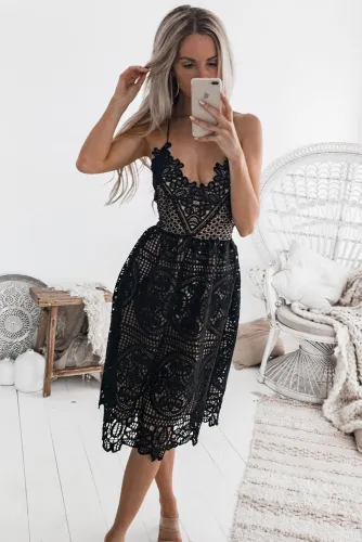 Black Crochet Lace Midi Party Dress