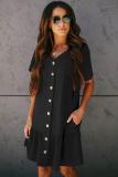 Black Pocketed Buttoned Ruffle Dress