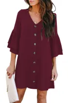 Red V Neck Buttoned Bell Sleeve Shift Shirt Dress