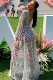 Silver Glittering Checked Pattern Sheer Gown