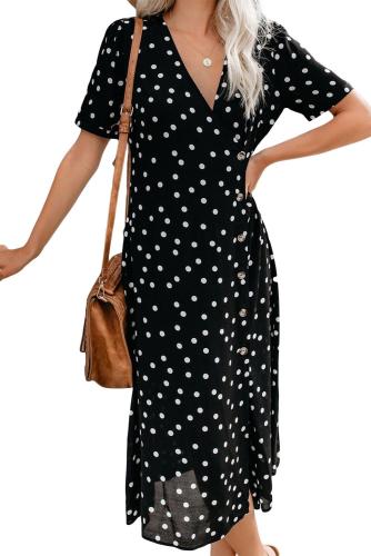 Black Polka Dot Buttoned Aside Midi Dress
