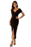 Black Glitter Off Shoulder Ruched Slit Party Dress