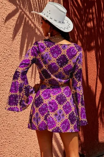 Purple Retro Bell Sleeve Front Knot 2 Pcs Dress