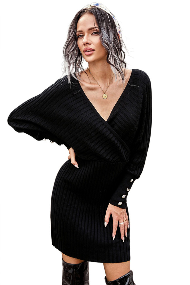 Black Wrap V Neck Batwing Sleeves Ribbed Sweater Dress