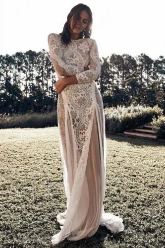 Dreamy Long Sleeve Floral Lace Wedding Party Dress