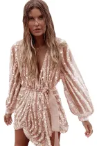 Gold Sequin Surpliced Wrap Deep V Neck Party Mini Dress
