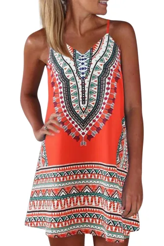 Orange Boho Aztec Print Sleeveless Sundress