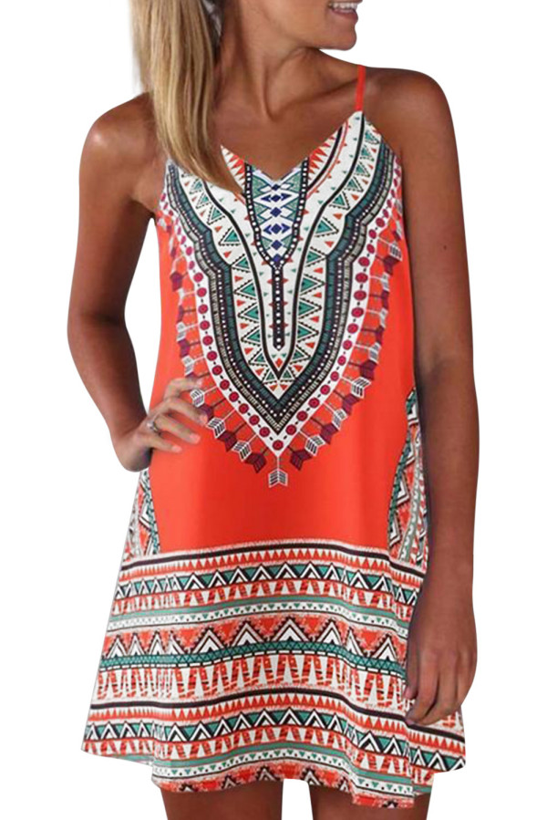 Orange Boho Aztec Print Sleeveless Sundress