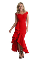 Red Off The Shoulder Frill Detail Maxi Dress