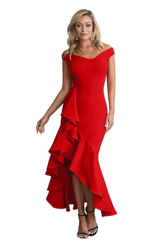 Red Off The Shoulder Frill Detail Maxi Dress