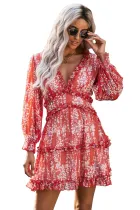 Red Ruffle Detailing Open Back Floral Dress