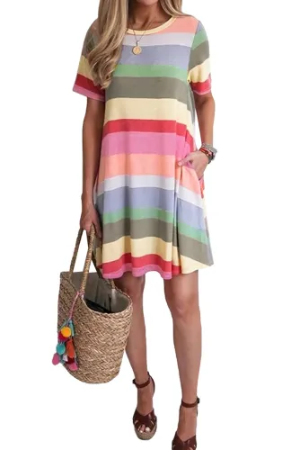 Purple Striped Color Block Casual T-Shirt Dress