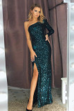 Green Fortune One Shoulder Front Slit Sequin Gown