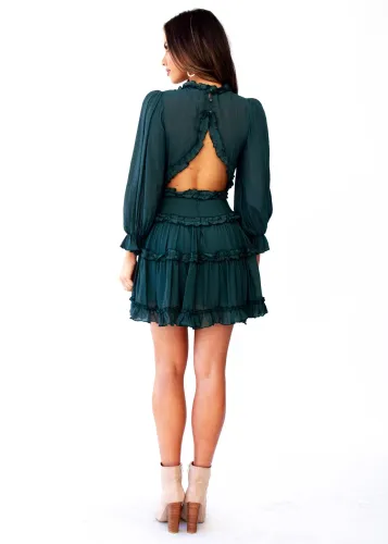 Green V Neck Ruffle Detailing Open Back Dress