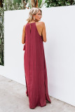 Red Crochet Detail Linen Sleeveless Maxi Dress with Slits