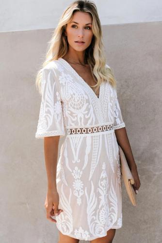 White Embroidered Sequin Mini Dress