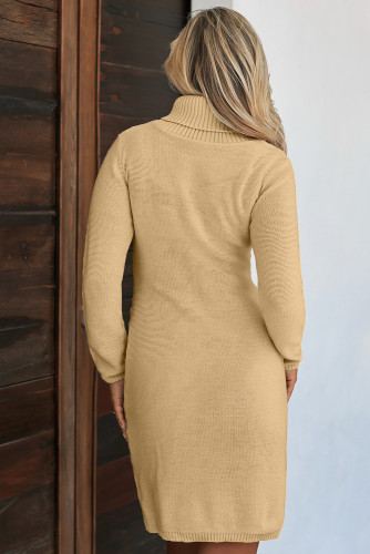 Khaki Hand Knitted High Neck Sweater Dress