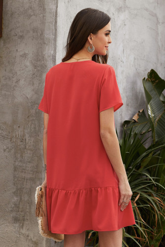 Red Pocketed Buttoned Ruffle Dress