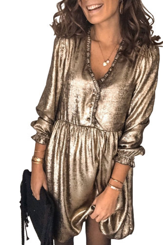V Neck Ruffle Design Gold Mini Dress