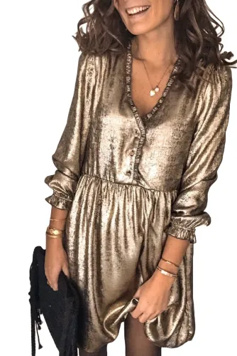 V Neck Ruffle Design Gold Mini Dress