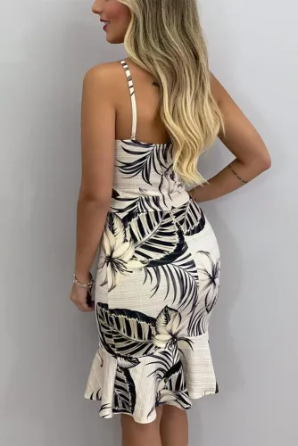 Apricot Tropical Print Slip Dress with Ruffle Hemline