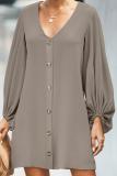 Apricot Buttoned-down V Neck Billowy Sleeve Shift Dress