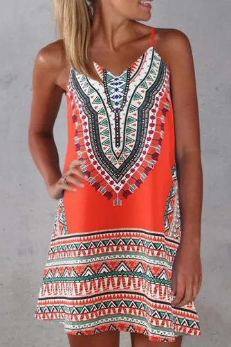Orange Boho Aztec Print Sleeveless Sundress