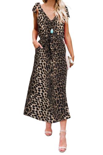 Leopard Bowknot Shoulder Straps Jersey Dress with Belt