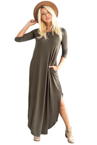 Gray Pocketed Cotton Dress with Slit
