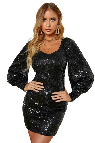 Black Metallic Puffy Sleeves Sequin Dress