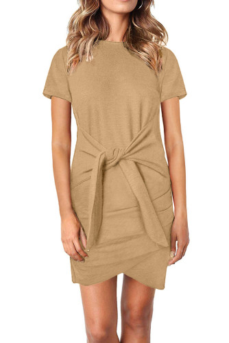 Khaki Short Sleeve Tie Waist T-Shirt Mini Dress