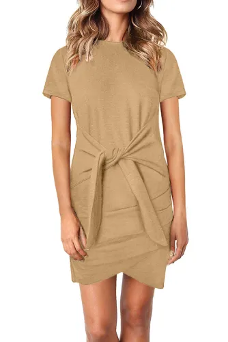 Khaki Short Sleeve Tie Waist T-Shirt Mini Dress