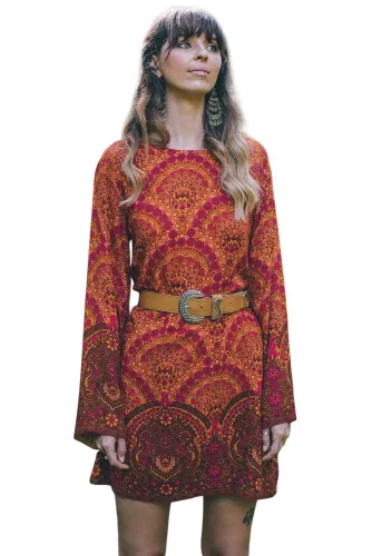 Orange Starlight Bell Sleeve Shift Print Dress