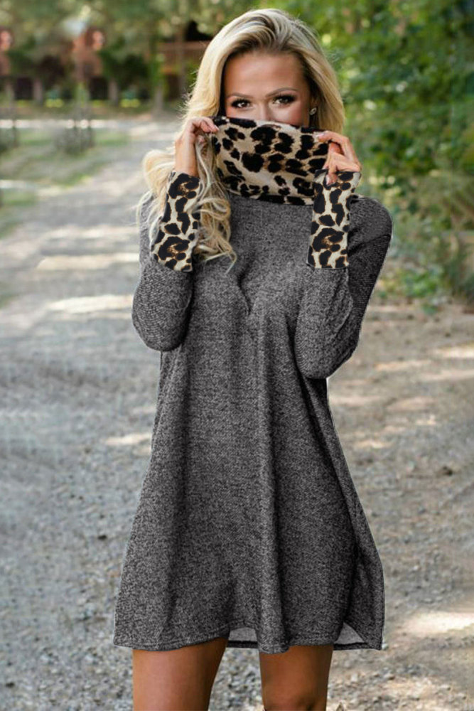 Charcoal Leopard Cowl Scarf and Cuff Cotton Mini Dress