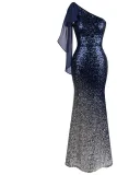 Blue Gradient One Shoulder Sequin Party Evening Dress
