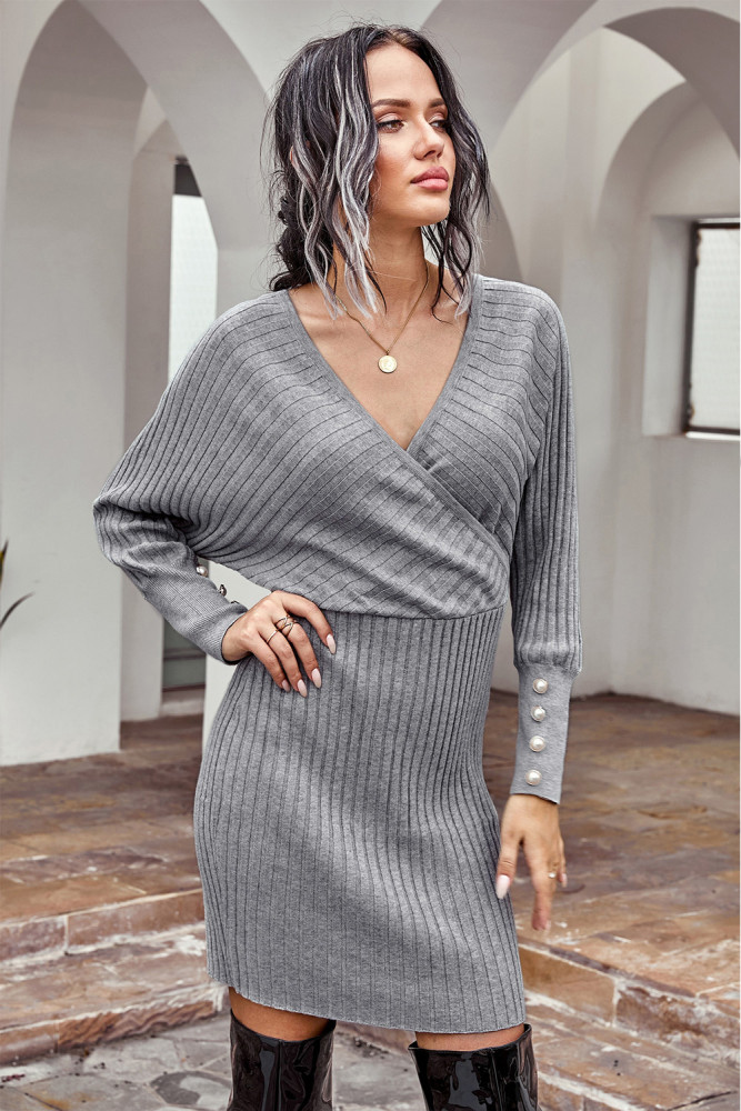 Gray Wrap V Neck Batwing Sleeves Ribbed Sweater Dress