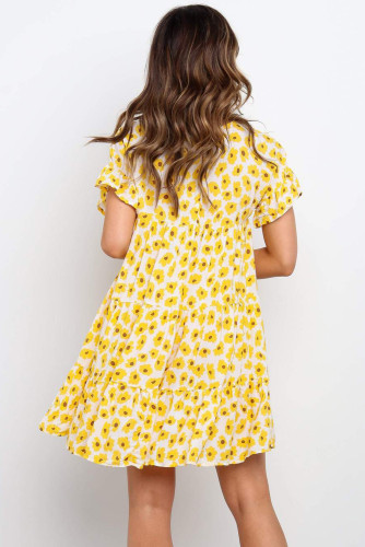Yellow Tiered Gathered Floral Print Short Dress