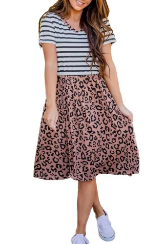 Striped Brown Leopard Print Swing Dress